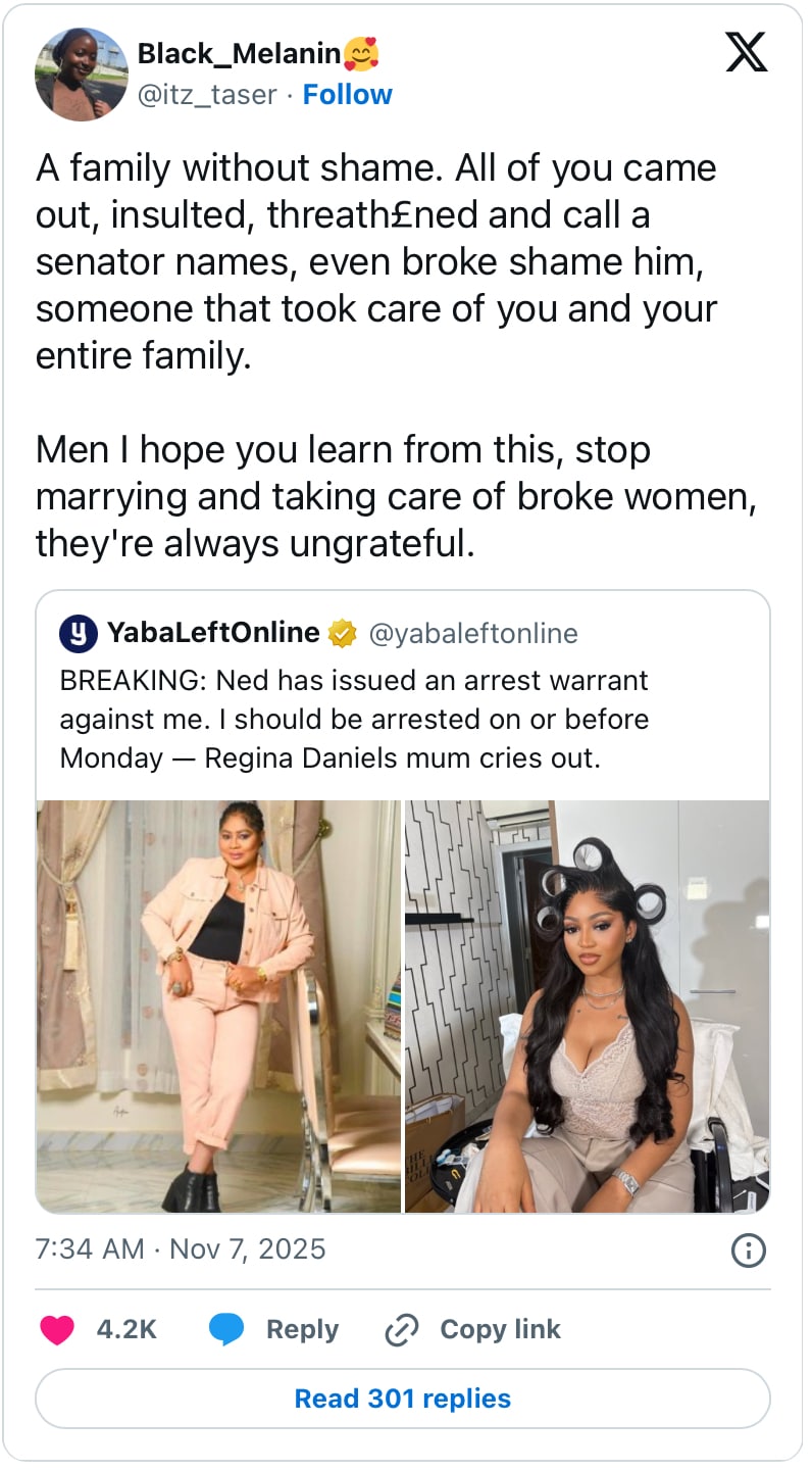 Social media reactions to allegations against Regina Daniels' family