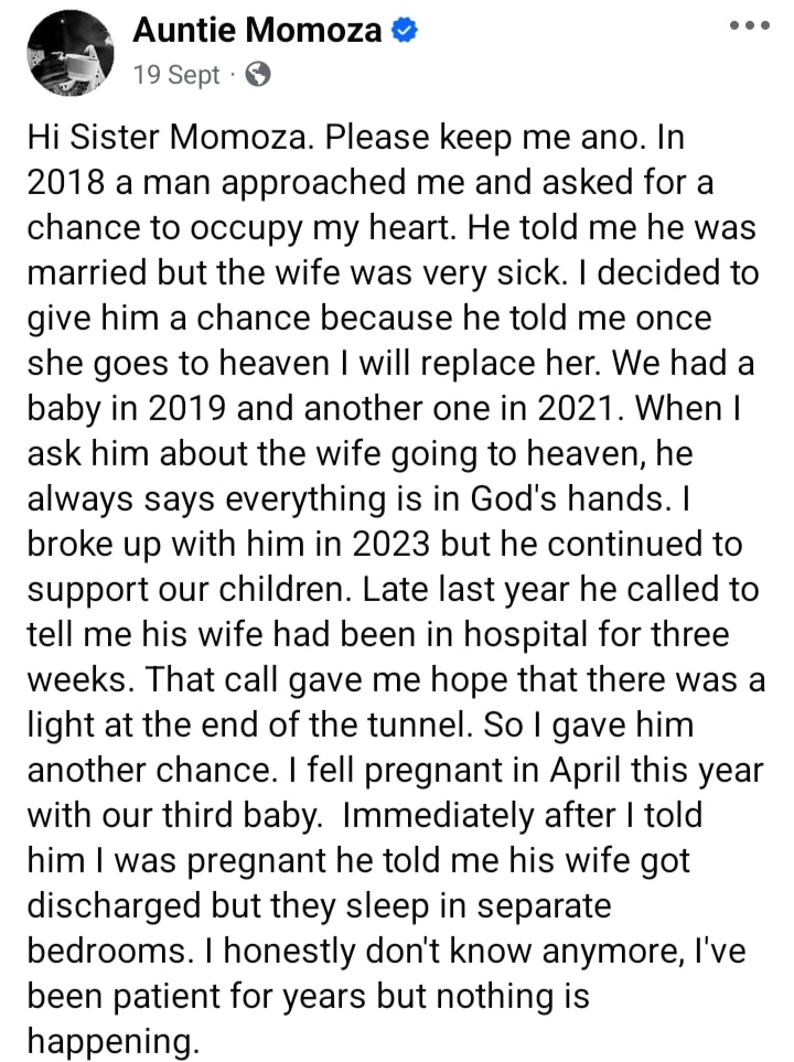 Screenshot of woman's emotional story on social media
