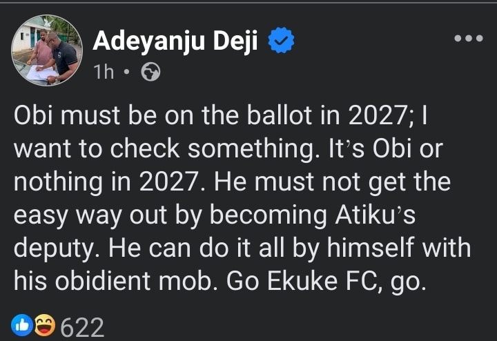 Social media post by Deji Adeyanju