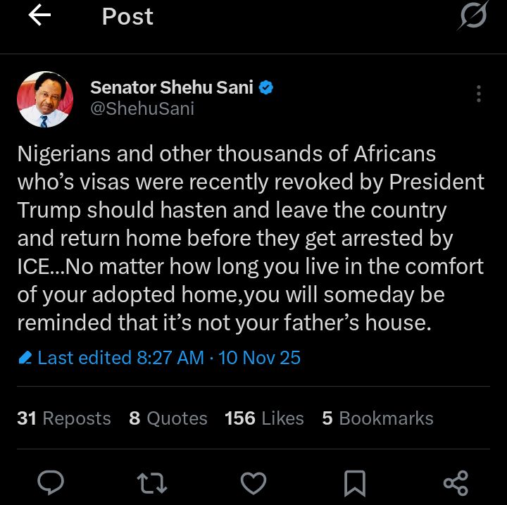 Shehu Sani's social media warning about US visa revocations