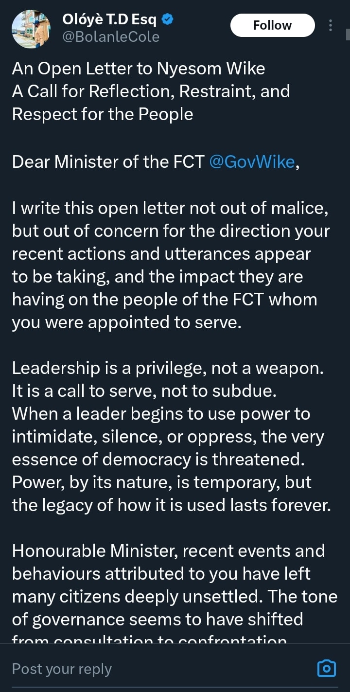 Screenshot of open letter to FCT Minister