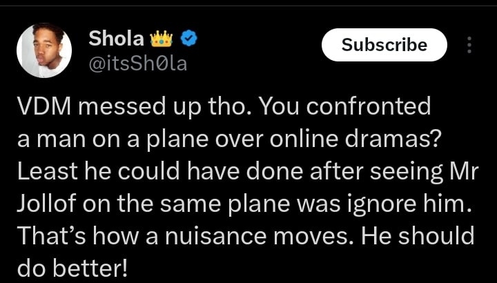 Screenshot of a tweet by ItsShola commenting on Verydarkman and Mr Jollof's interaction.