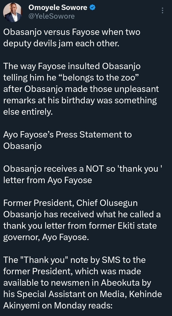 Screenshot of the exchange between Fayose and Obasanjo