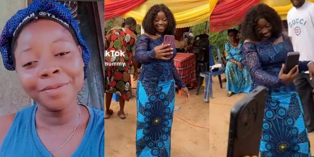 Bride celebrating her traditional wedding while interacting with her husband via video call
