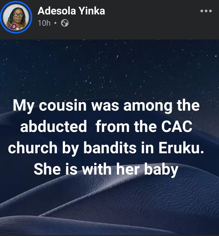 Screenshot showing a social media post expressing relief after a church attack