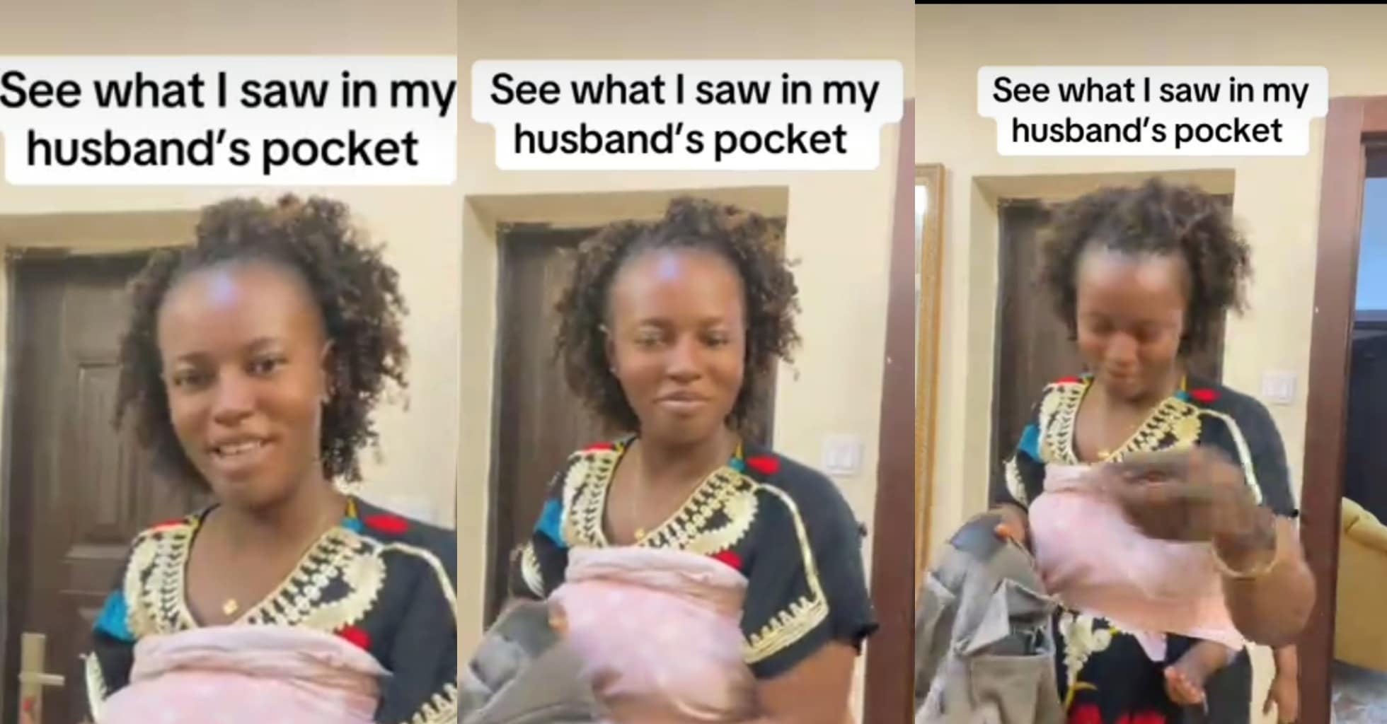A woman looking surprised, possibly with a pair of trousers in hand, related to a discovered wedding ring.