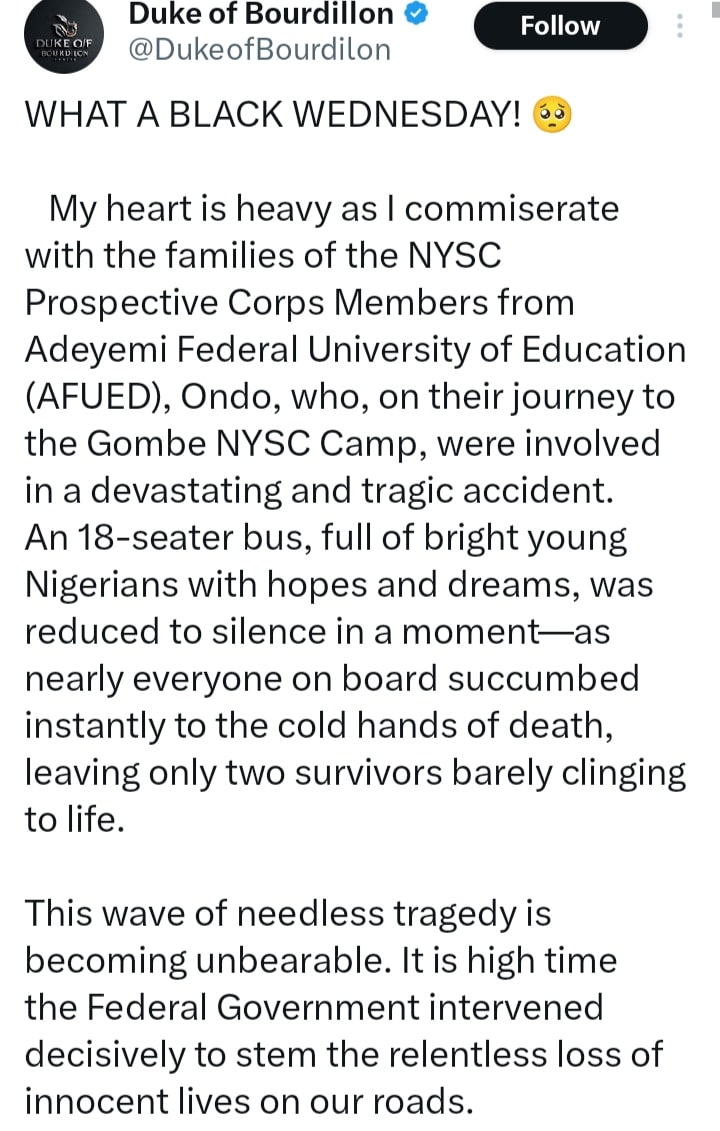 Screenshot of social media post reacting to NYSC tragedy