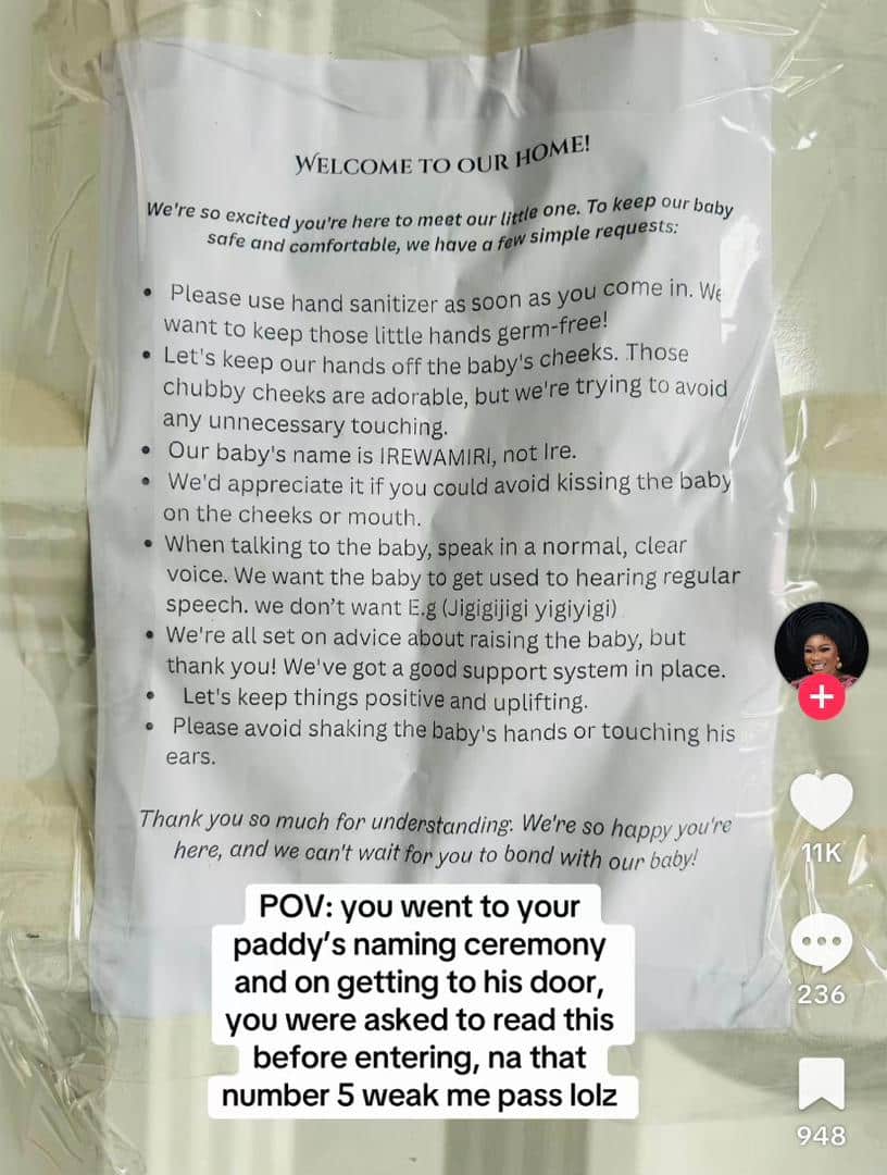 A close-up image of the printed rules sign displayed at a baby naming ceremony.