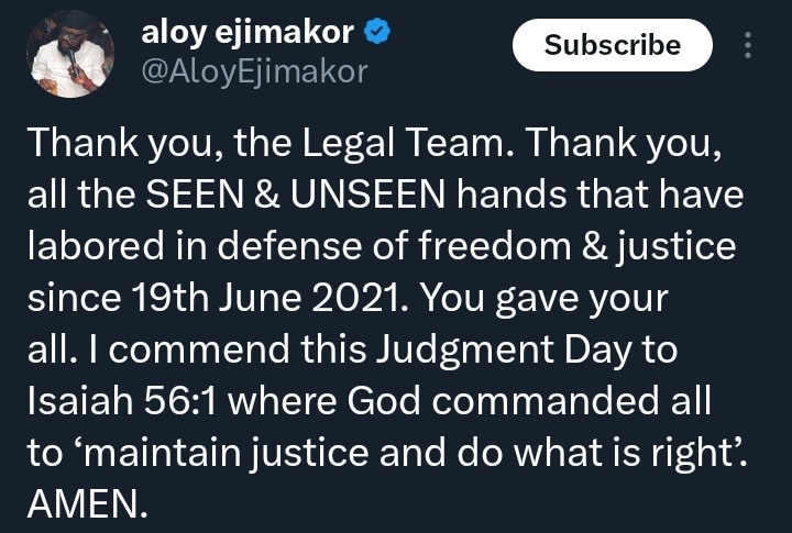 Lawyer Aloy Ejimakor's social media post about Nnamdi Kanu's court judgment