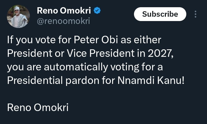 Screenshot of Reno Omokri's tweet discussing Peter Obi and Nnamdi Kanu's potential pardon.