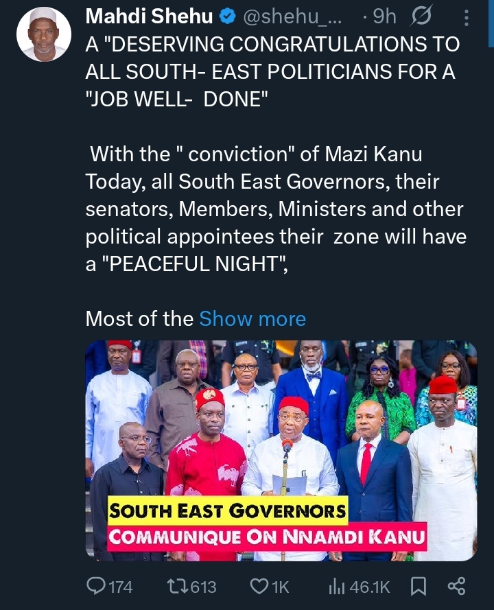 Screenshot of Mahdi Shehu's social media post