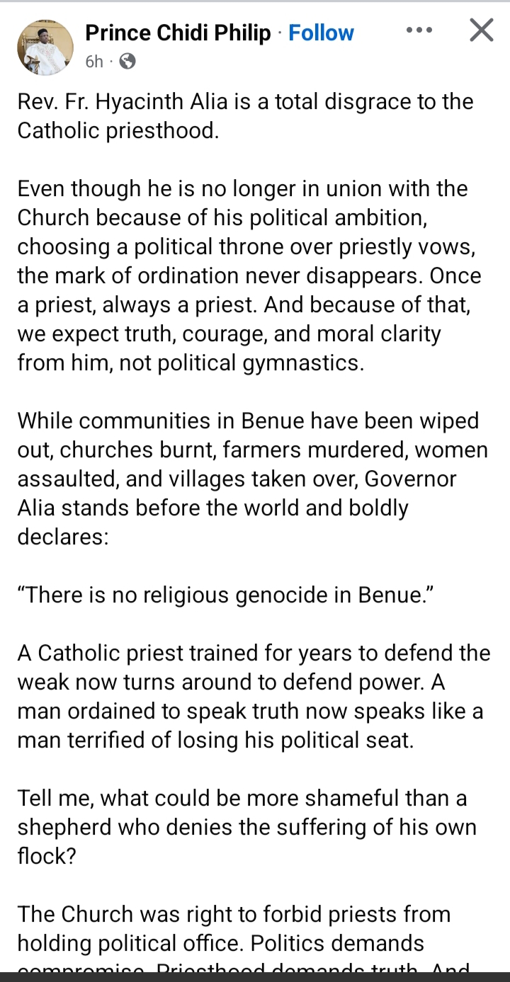 Screenshot of Fr. Philip's statement on Benue crisis, Part 1