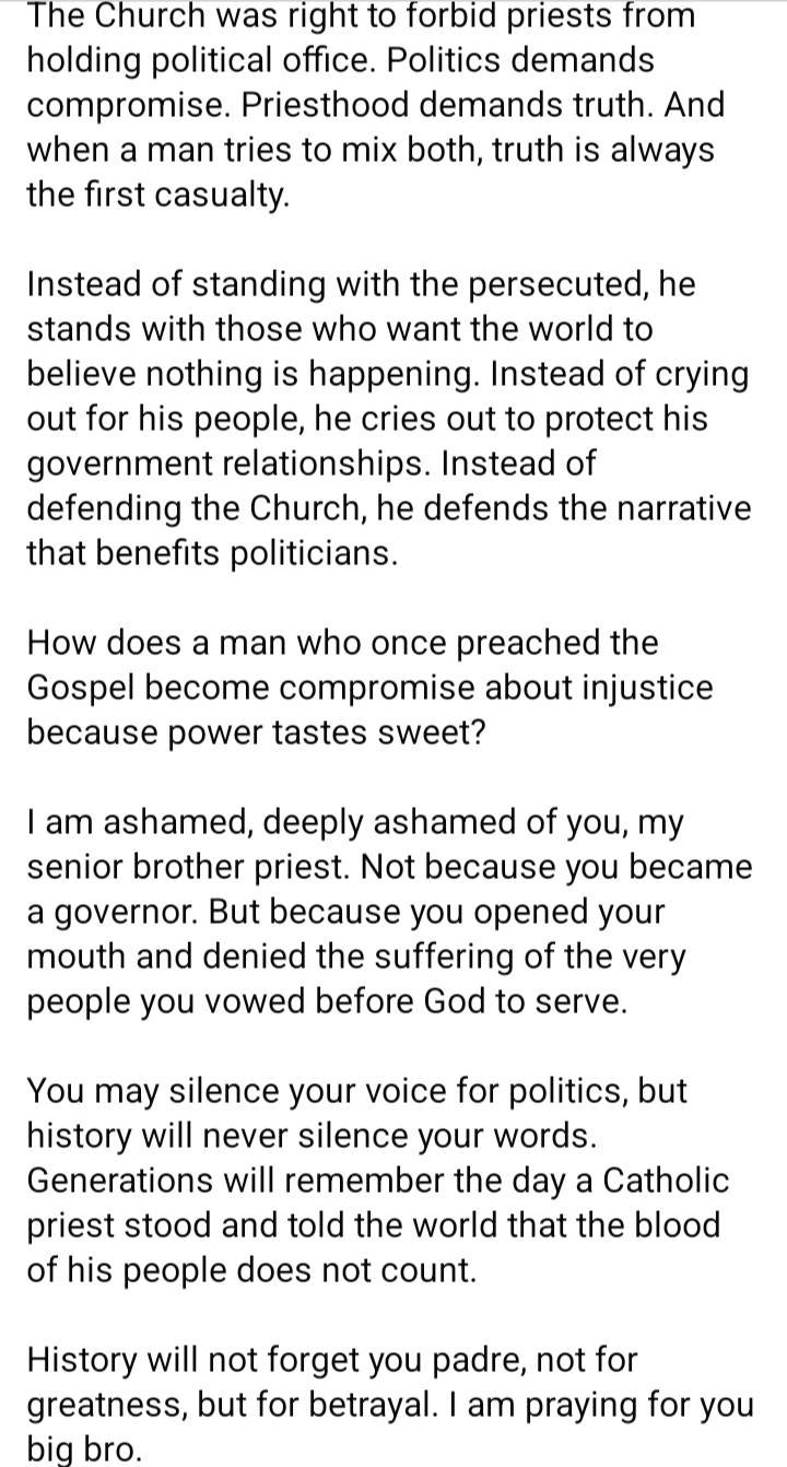Screenshot of Fr. Philip's statement on Benue crisis, Part 2