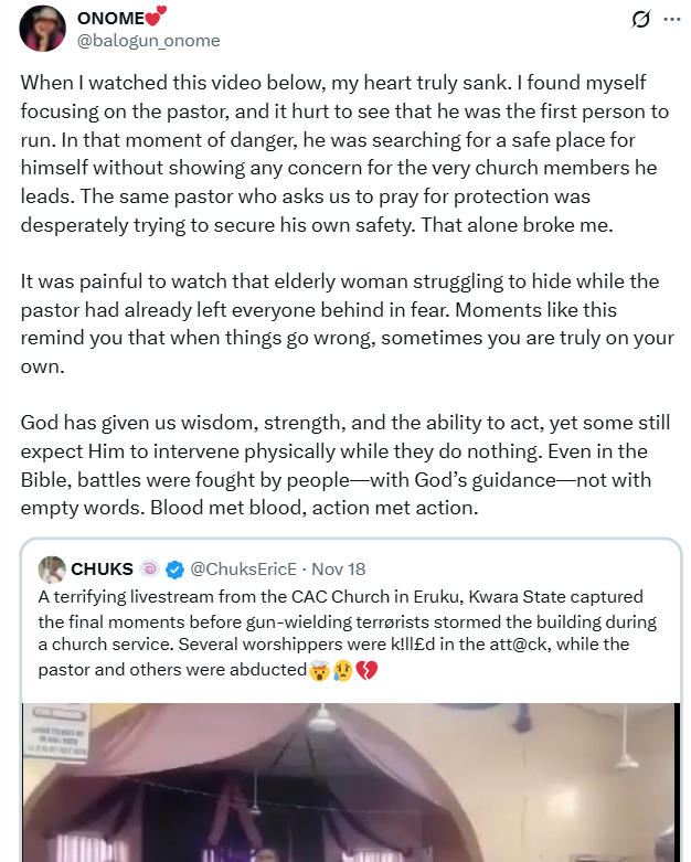 Lady's social media post regarding the Kwara Church attack video