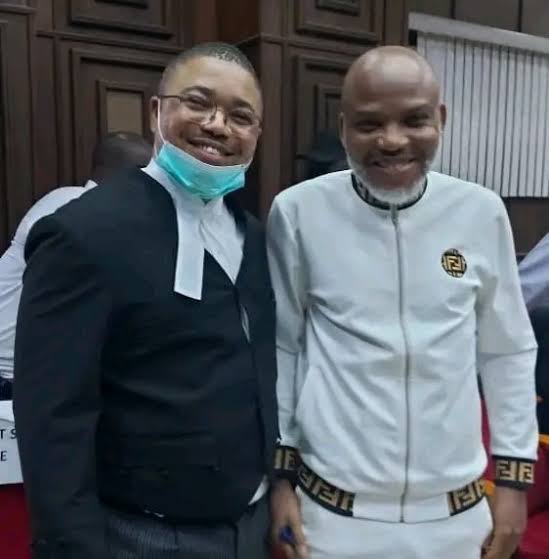 Nnamdi Kanu's lawyer, Ifeanyi Ejiofor, giving an address.