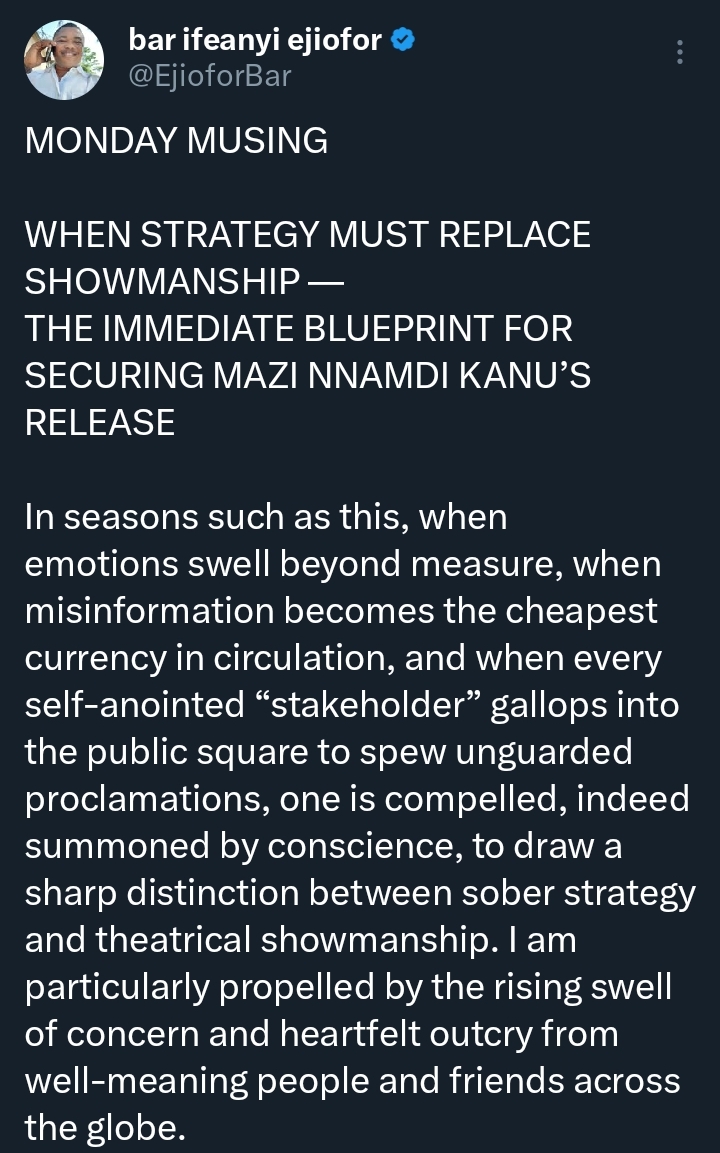 Screenshot of Ifeanyi Ejiofor's letter regarding Nnamdi Kanu's appeal.