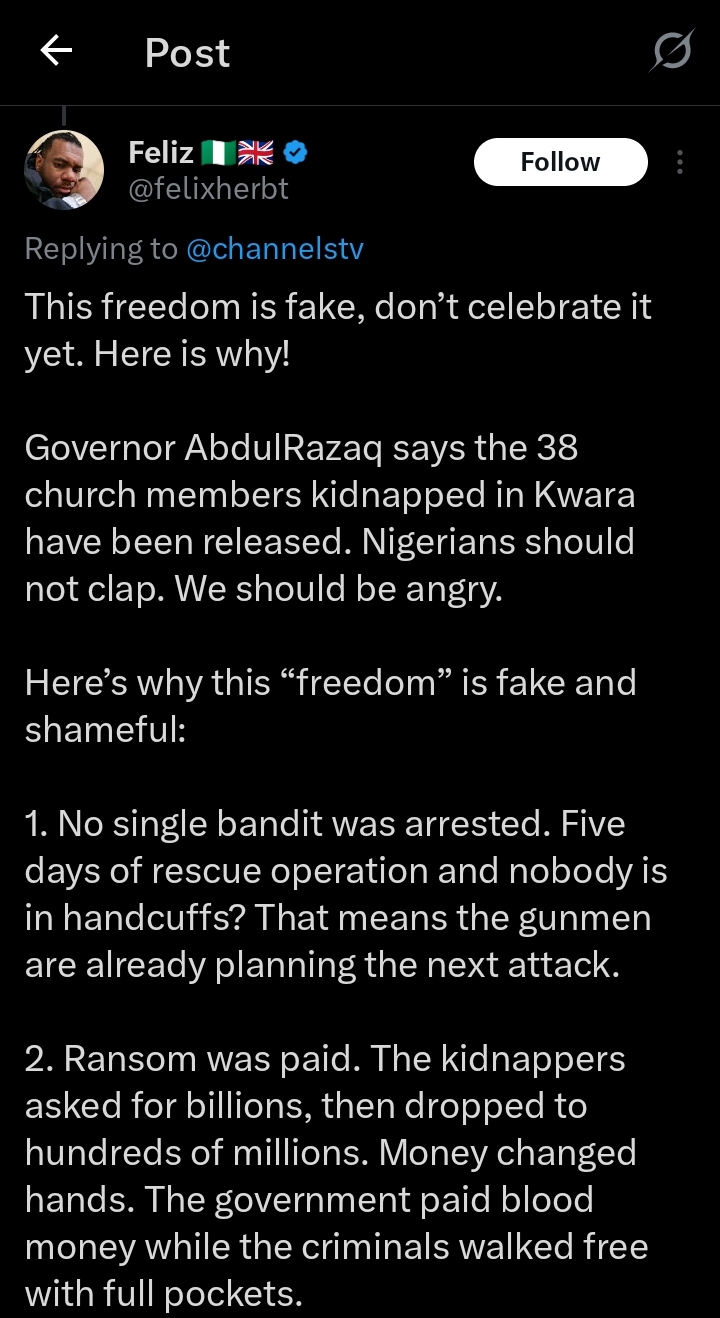 Screenshot of Felix Herbt's tweet detailing concerns about the Kwara church abductees' release.
