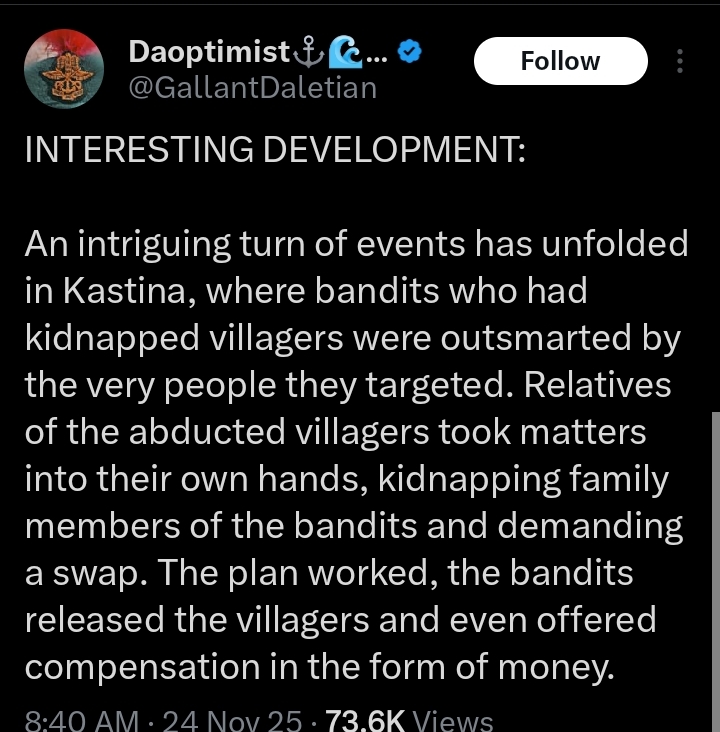 Screenshot of X (formerly Twitter) post by GallantDaletian reporting the Katsina bandit family abduction.