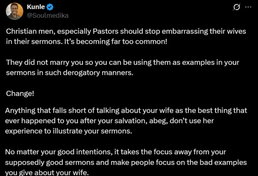 Social media post discussing pastors embarrassing wives during sermons
