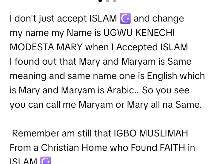 Screenshot of Maryam Kenechi's TikTok post explaining her name and religious conversion