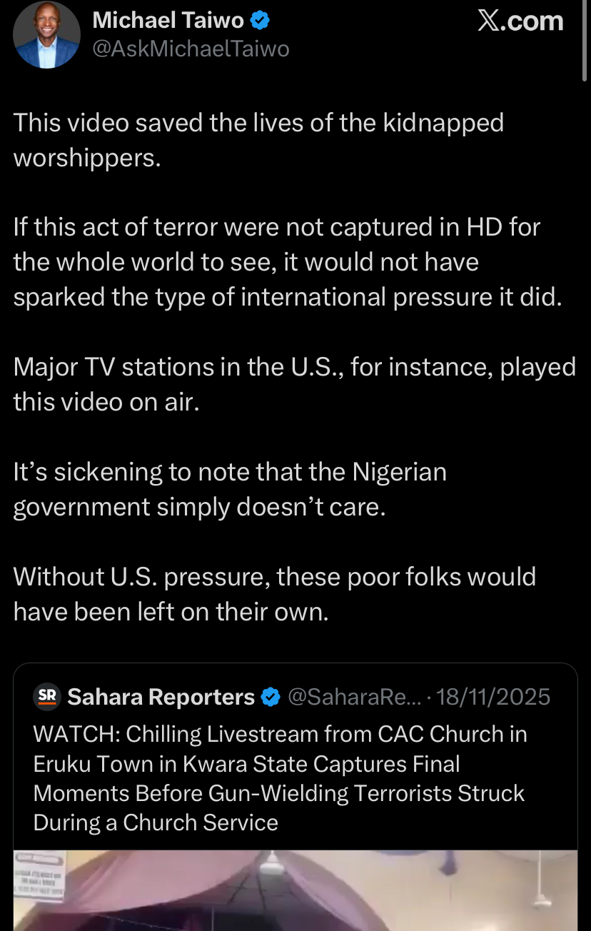 A social media post discussing the Kwara church attack and rescue.