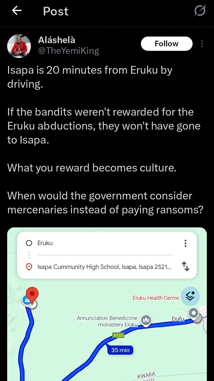 Screenshot of a social media post discussing bandit attacks in Kwara State