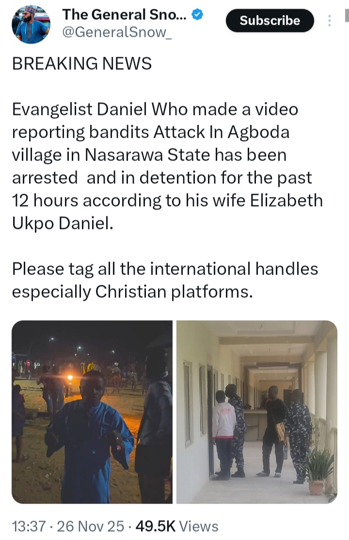 Screenshot of the social media post about Evangelist Daniel's arrest.