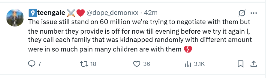 Screenshot of another social media post detailing ransom demands