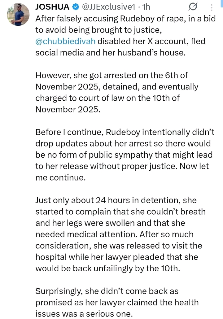 Screenshot of tweet regarding Rudeboy defamation case update and court proceedings