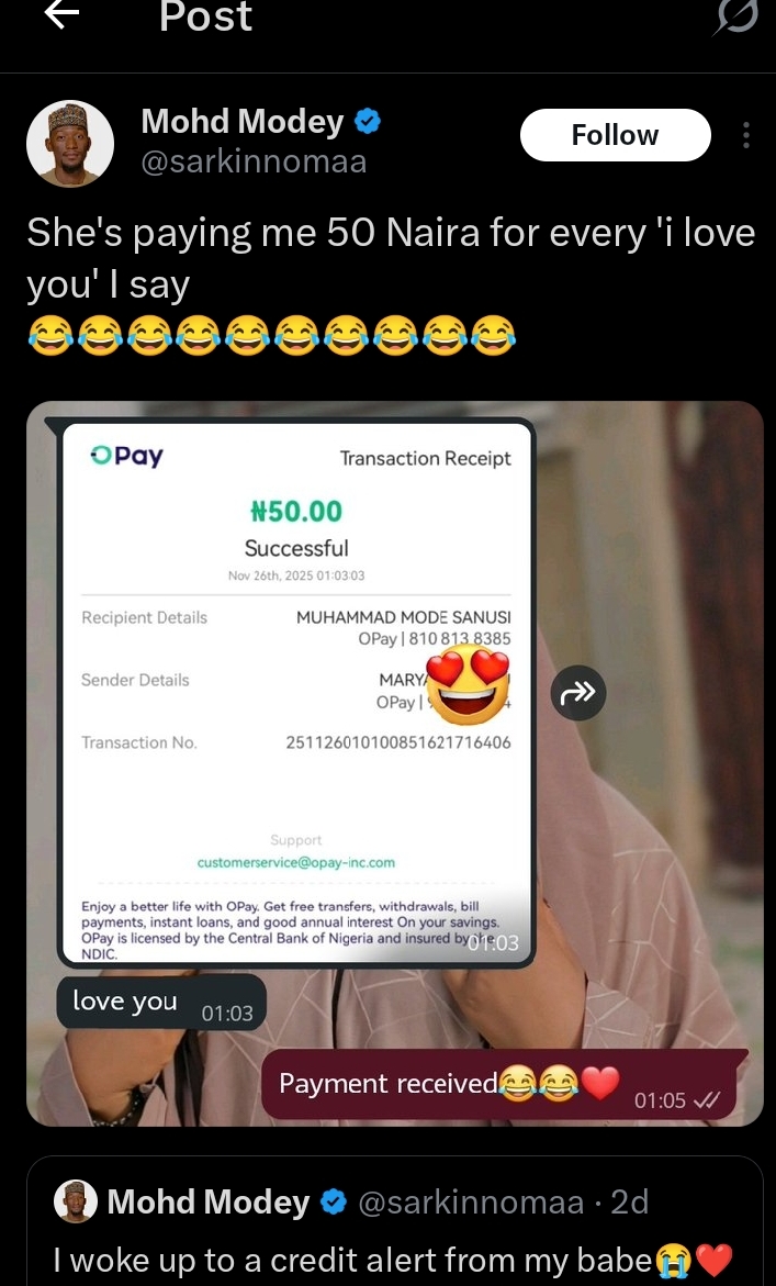 Screenshot of the viral tweet showing a 50-naira credit alert from a girlfriend for an 'I Love You' message