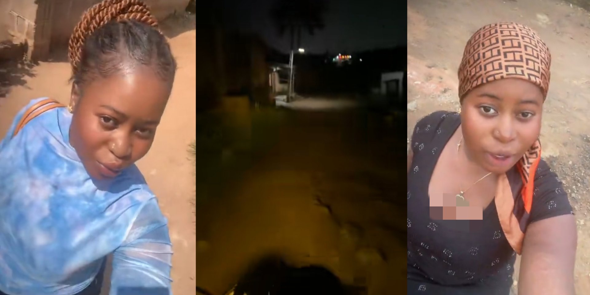 A Nigerian lady singing loudly on a motorcycle at night, looking cheerful while her bike rider laughs