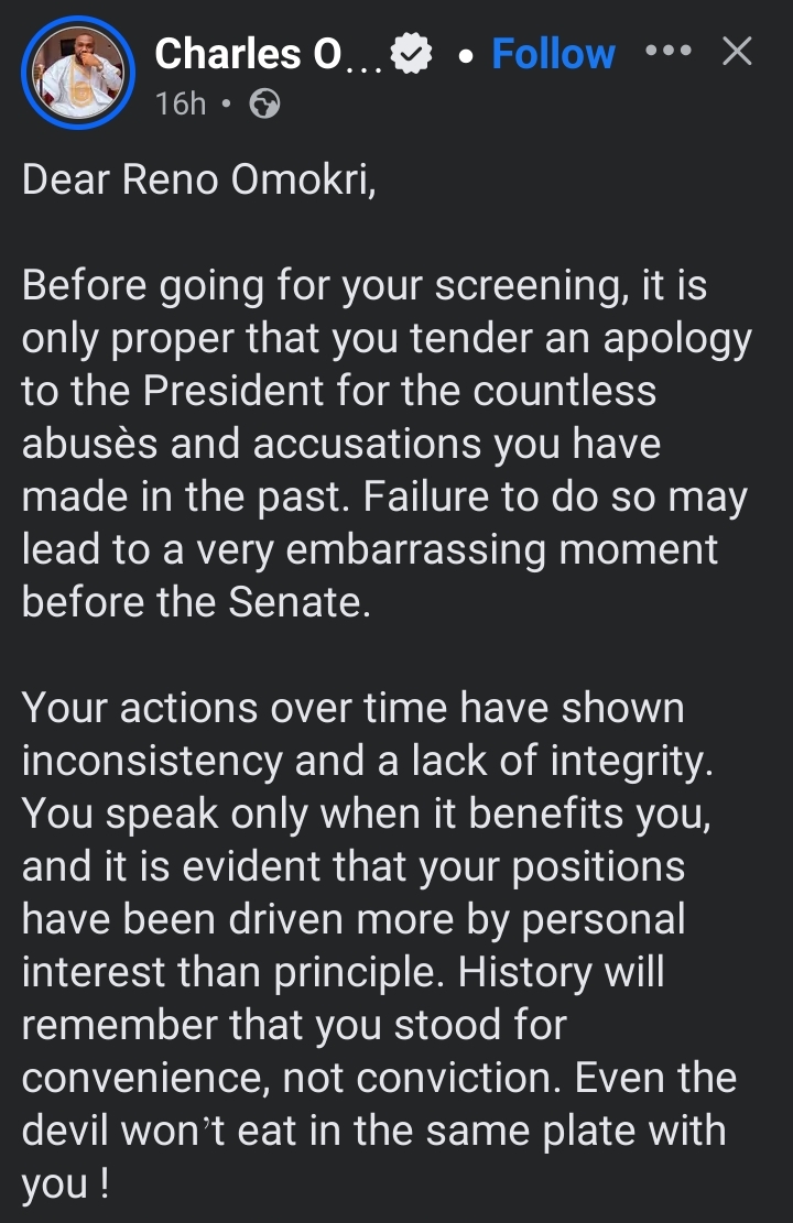 Screenshot of Charles Obinwanne's Facebook post about Reno Omokri