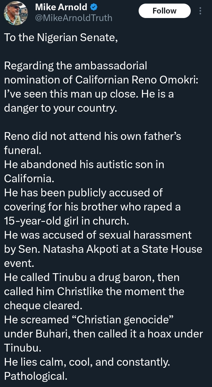 Mike Arnold's letter to the Nigerian Senate concerning Reno Omokri