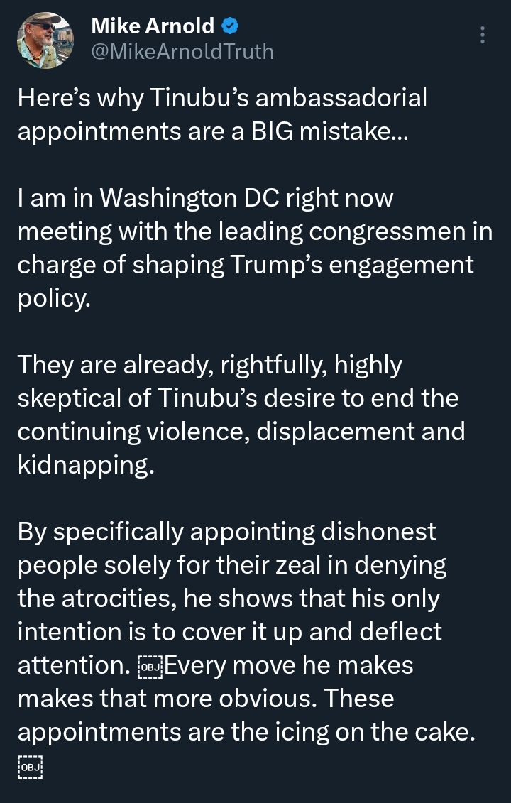 Screenshot of Mike Arnold's X post criticizing Tinubu's ambassadorial nominations.
