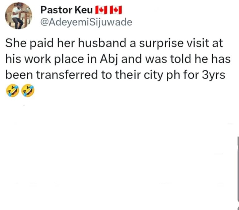 Social media screenshot discussing a wife's surprise visit to her husband