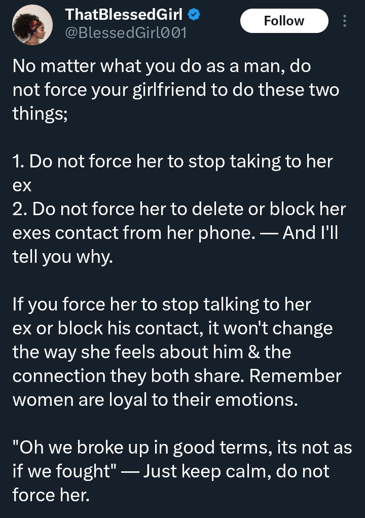 Screenshot of social media post discussing contact with exes in relationships