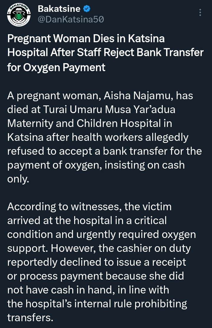A news report screenshot detailing public outcry over healthcare negligence in Katsina