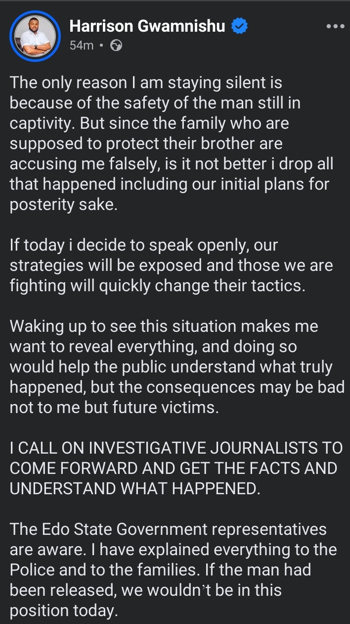 Screenshot of Harrison Gwamnishu's Facebook post regarding ransom allegations