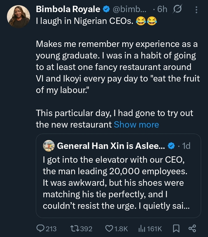 Screenshot of Bimbola Rayale's X (formerly Twitter) post about her CEO experience.