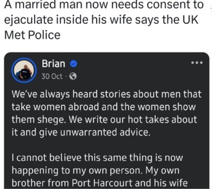 Screenshot of social media post about UK-based Nigerian man's ordeal