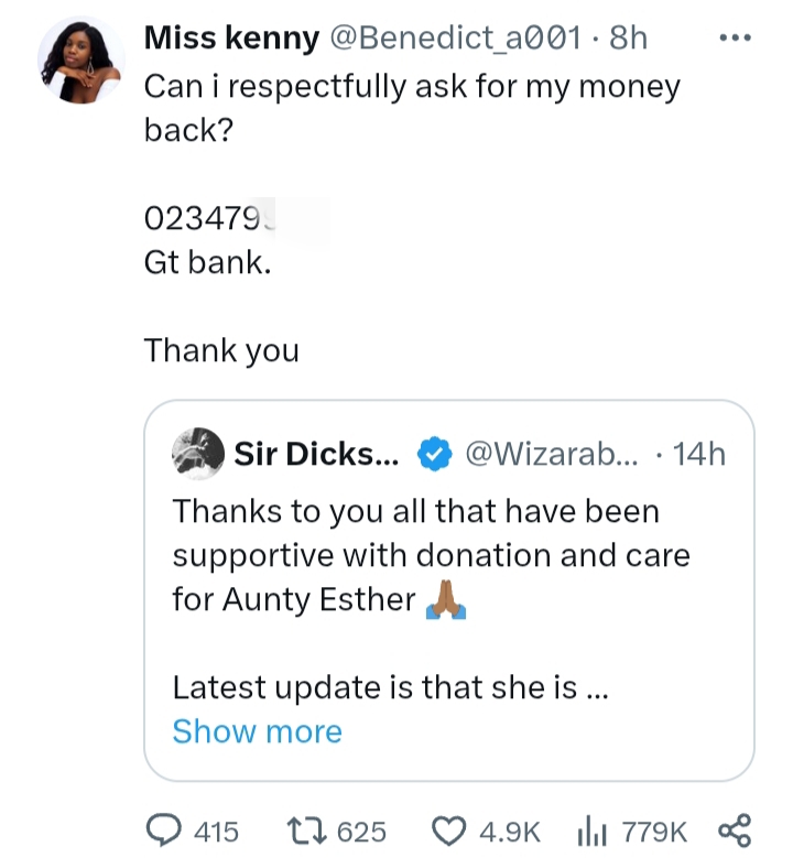 Screenshot of donor Miss Kenny requesting a refund