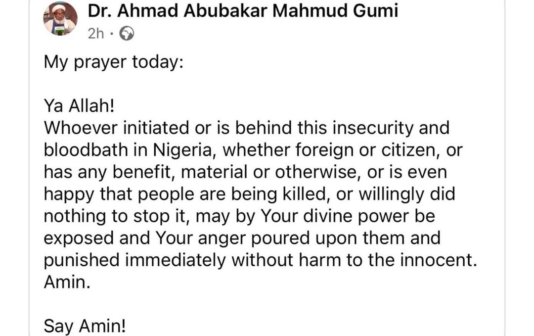 Sheikh Gumi's Facebook post on insecurity