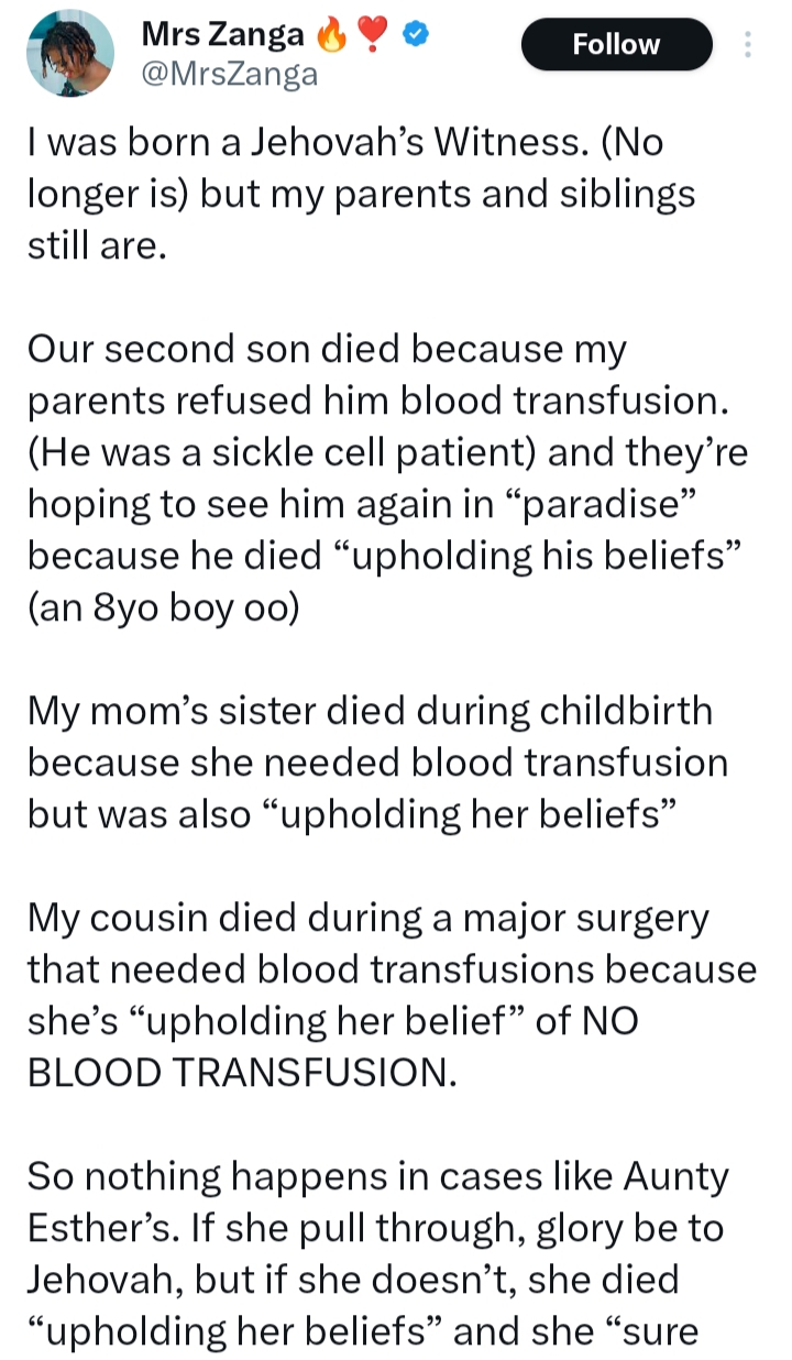 Screenshot of Mrs. Zanga's X post detailing family deaths