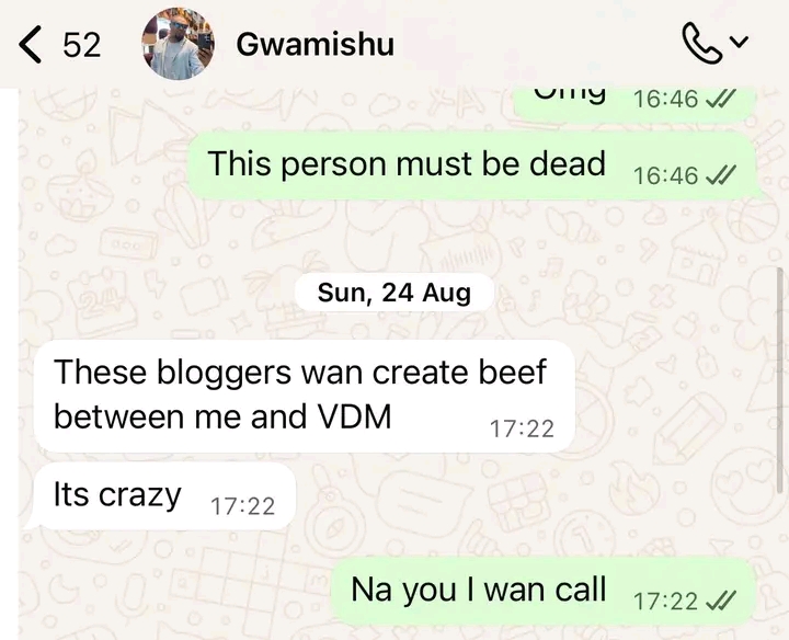 Screenshot of chat message about Harrison Gwamnishu's arrest