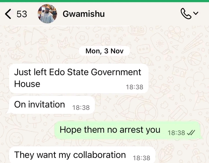 Second part of the chat screenshot between Gwen Chiamaka Ifeson and Harrison Gwamnishu, discussing ransom and travel.