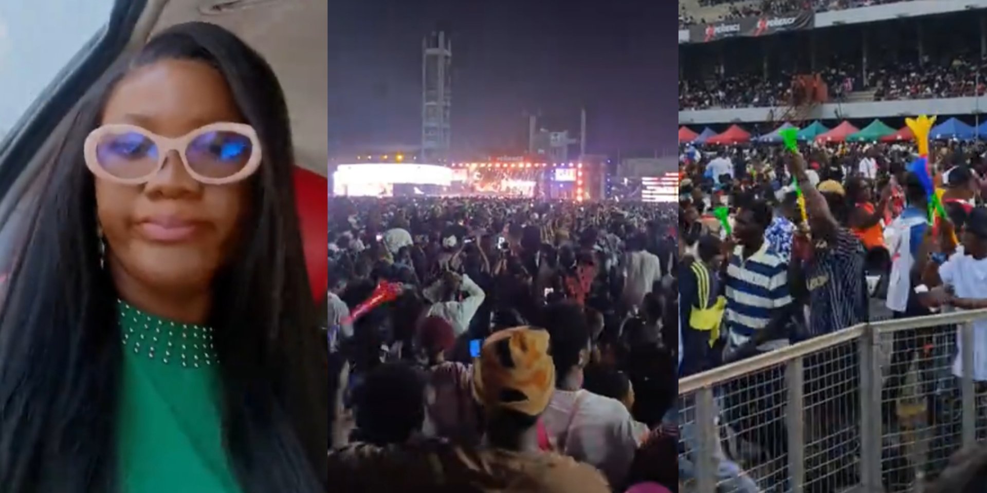 Lady dissatisfied with The Experience 2025 concert due to vuvuzela noise, with a collage of people at a concert
