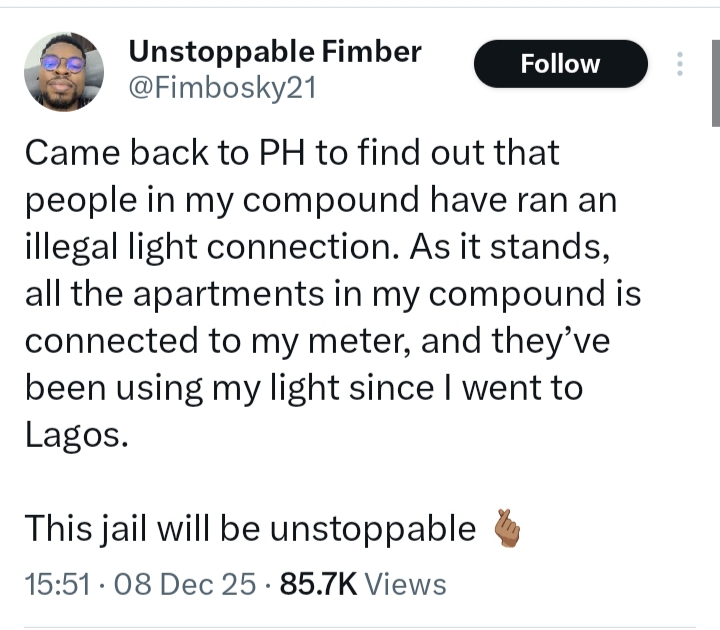 Screenshot of Fimbosky21's X post about electricity theft.