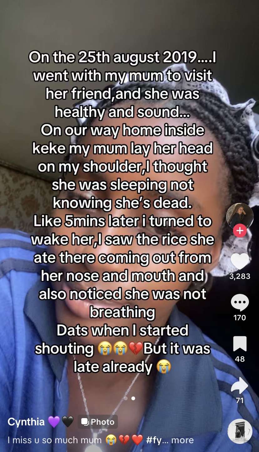 Screenshot of a social media post detailing a daughter's tragic experience of her mother's sudden death during a ride home.