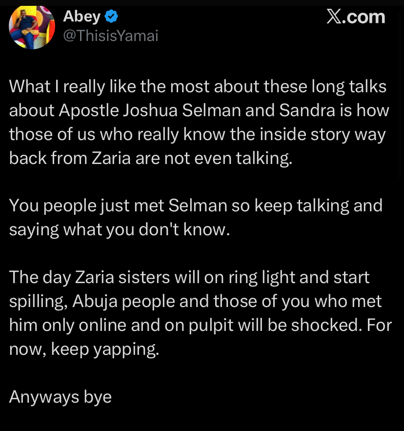 Man on X (formerly Twitter) discussing Apostle Joshua Selman and Sandra Areh saga