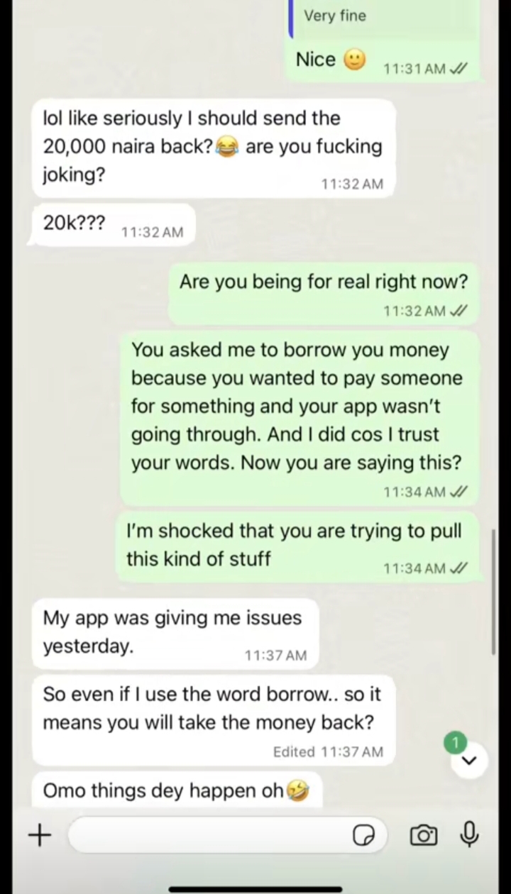 Screenshot of the viral chat conversation regarding the N20K loan repayment, part 1